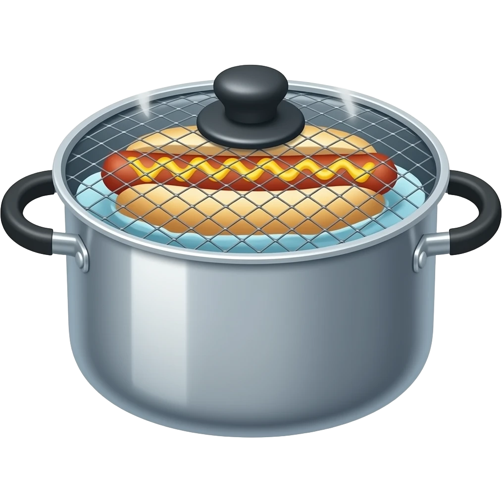calentar el pan para perro caliente (comida) en un olla con agua caliente, y encima con una malla el perro calentandose con el vapor emoji