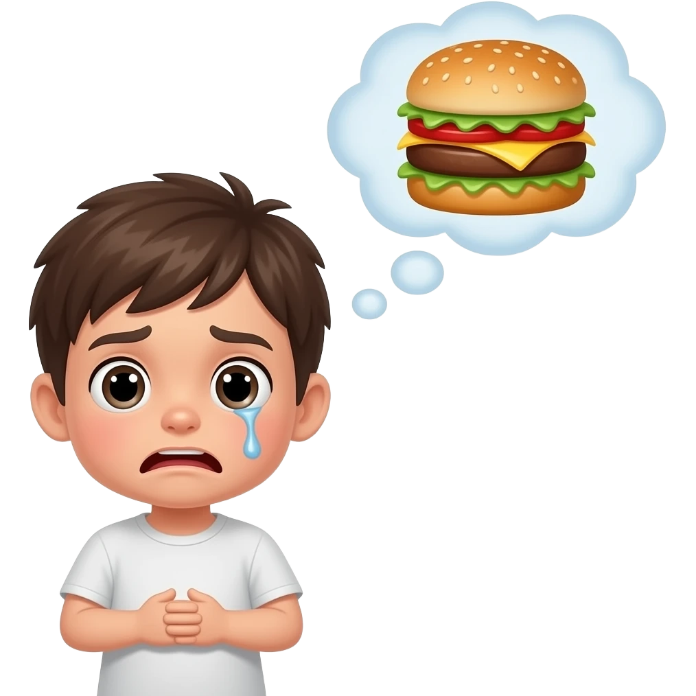 kid  holding tummy hungry with bubble at the top with burger emoji