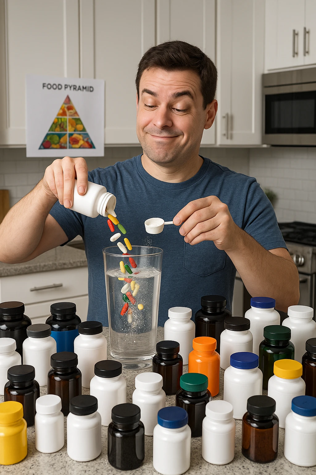 a man stands in his kitchen, enthusiastically pouring multiple supplement pills and powders into a large glass of water. The kitchen counter is cluttered with dozens of supplement bottles, and his expression is confident but slightly oblivious. In the background, a nutrition guide or food pyramid is ignored, highlighting his focus on supplements over balanced nutrition. emoji