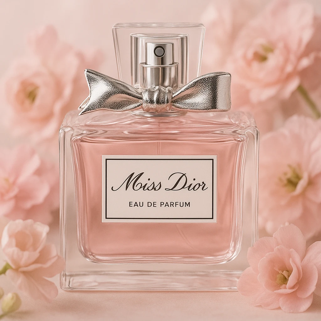 Miss Dior perfume bottle, elegant, floral, feminine, soft pink, realistic style emoji