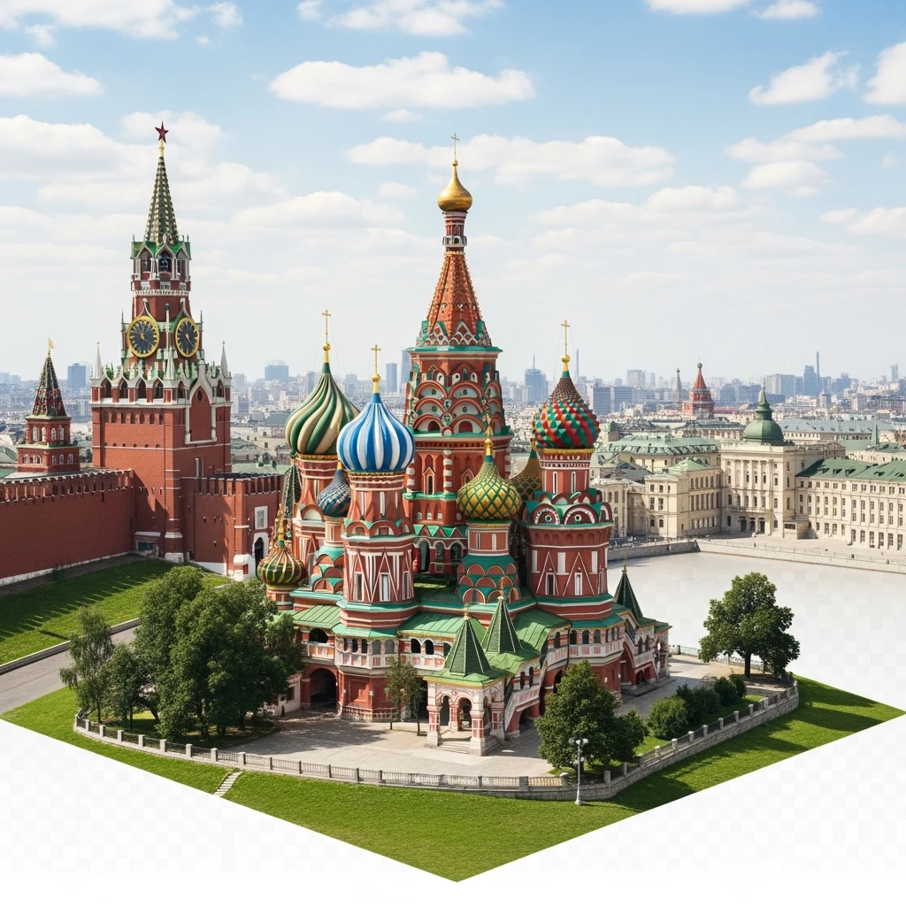 Изометрическая фотореалистичная иллюстрация-модель Москвы в центре Храм Василия Блаженного, баланс между стилизацией и реализмом, эффект миниатюры, прозрачный фон emoji