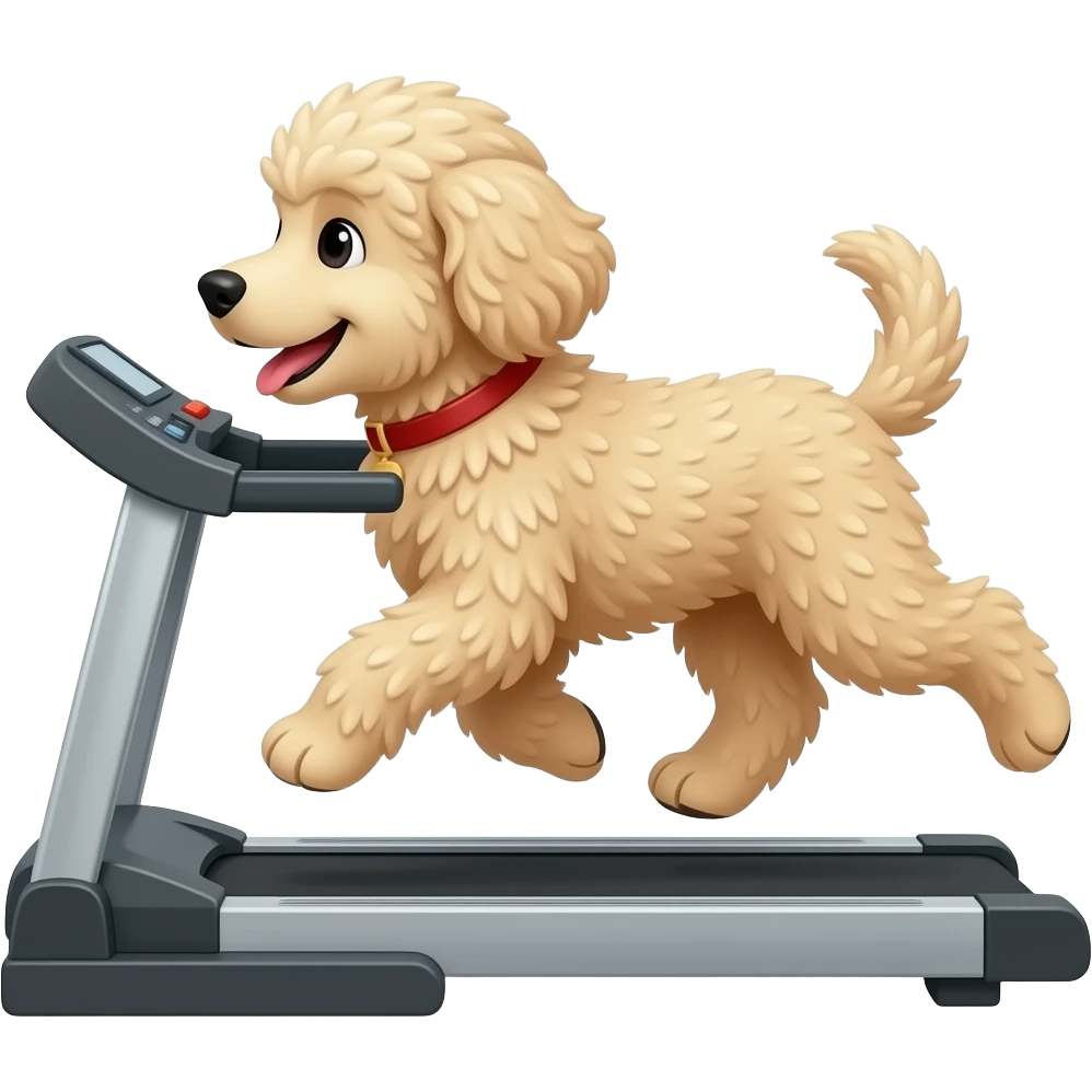 Cream coloured wavy haired golden doodle running on a treadmill emoji