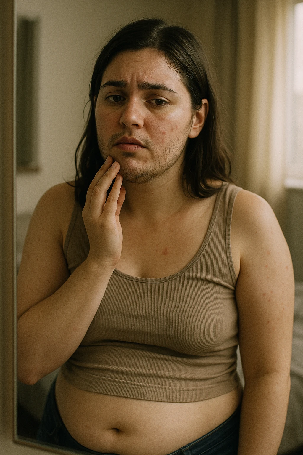 A realistic, cinematic portrait of a young woman in her late 20s standing in front of a mirror, visibly concerned while touching her chin and jawline where small dark facial hairs are noticeable, indicating hirsutism. Her skin appears oily, with a few cystic acne spots on her cheeks and jaw, and her dark hair is slightly greasy, indicating increased sebum production due to androgen excess. Her body shows mild abdominal bloating, and she looks at herself with a mix of frustration and sadness, capturing the emotional struggle linked to PCOS. The scene is set in a softly lit bedroom or bathroom with neutral daylight, with a clear mirror reflection to emphasize self-observation and discomfort. Style: realistic 35mm cinematic look, soft focus on her face and hair details, warm tones to keep it human and relatable emoji