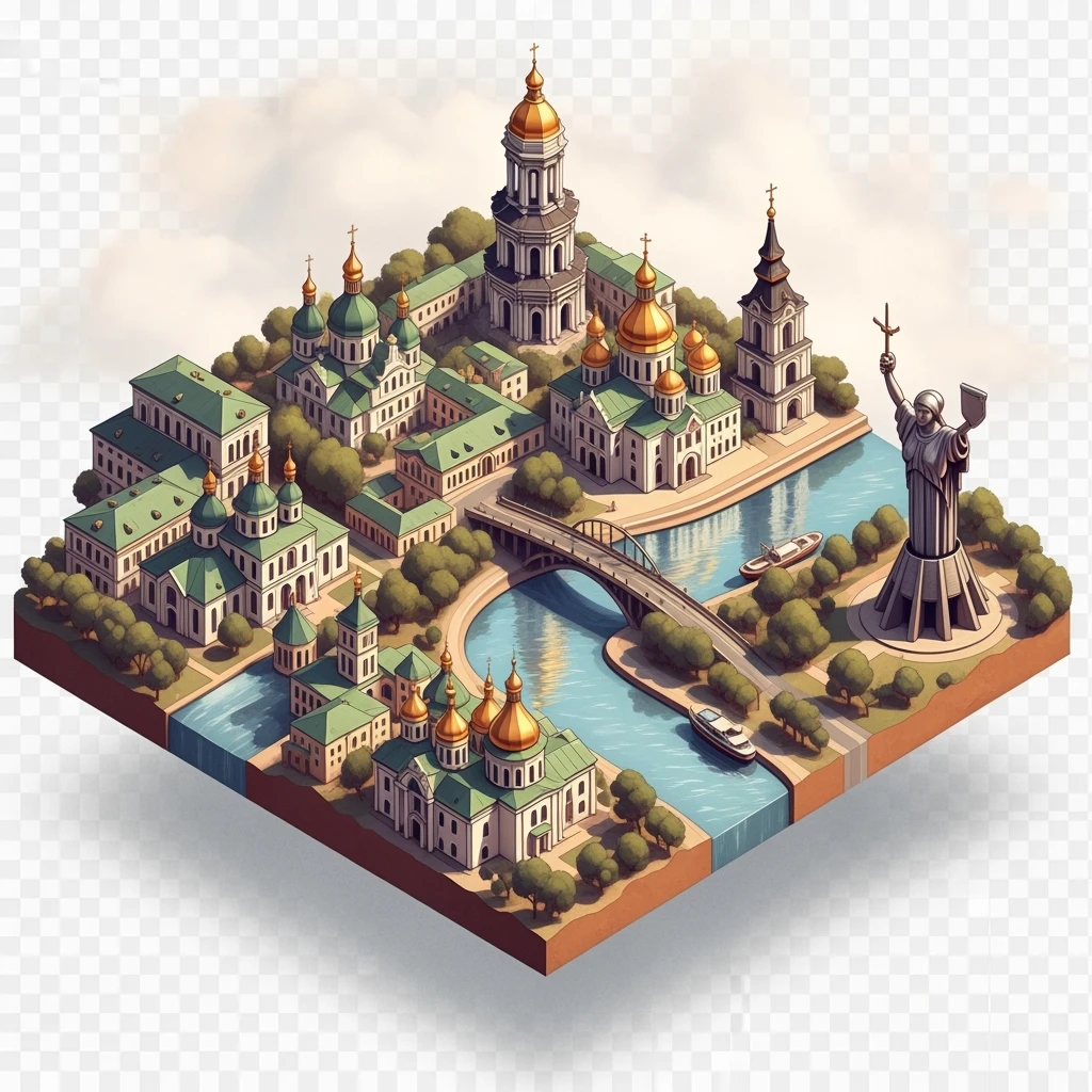 Isometric illustration of photorealistic Kyiv, balanced between paint stylized and realistic, 3D miniature effect, transparent background. emoji
