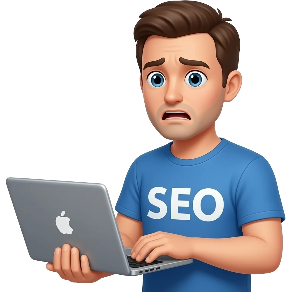 Scared man with a laptop and a shirt that says "SEO" emoji