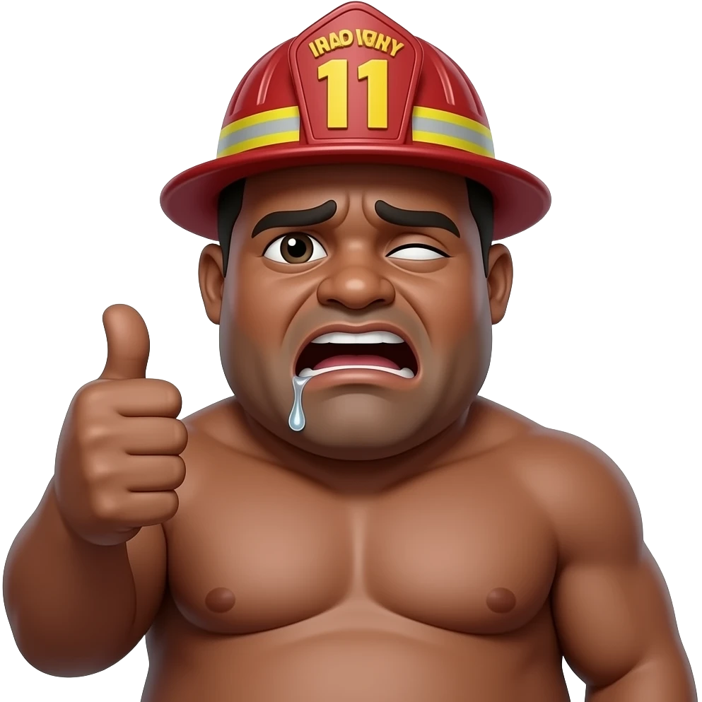 Tired looking person, weird proportions, extra obese, drooling with mouth hanging open, squinting with one eye lightly closed, tiny eyes, big nose, dark complexion, fireman hat, no shirt, unfit, thumbs up emoji
