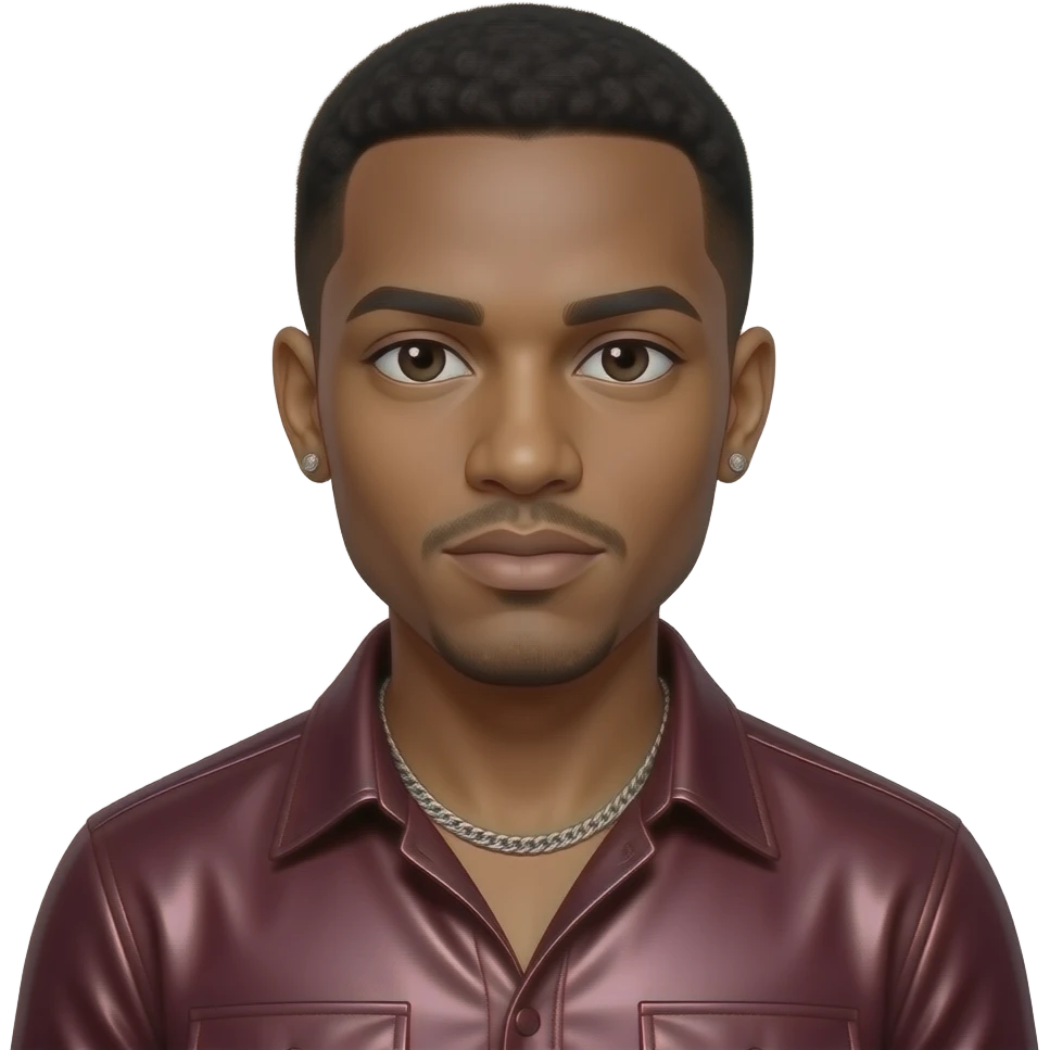 Ray J with dark brown eyes, black short hair, burgundy metallic shirt, silver necklace and short earrings emoji