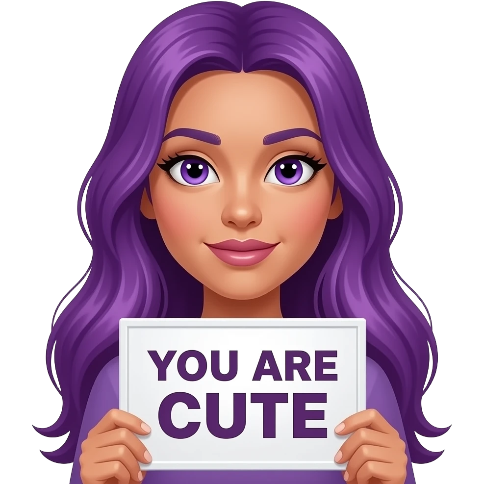 sexy girl with long purple hair and purple eyes holding a YOU ARE CUTE sign emoji