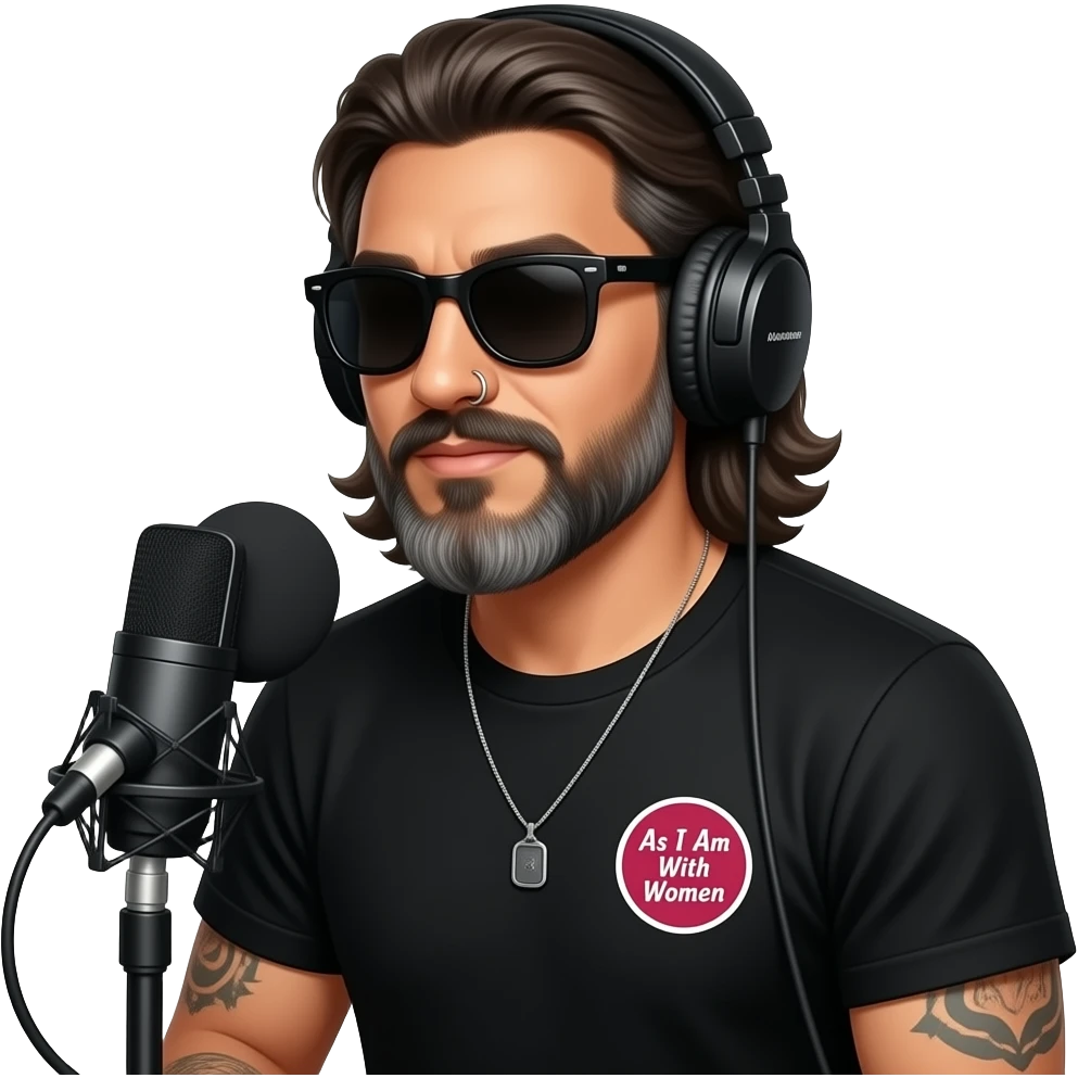 A podcast host wearing headphones and sitting in front of a microphone who is a handsome Latino man with medium length hair and pretty long beard with some grays and tattoos with a right nose hoop and a left earring hoop wearing all black and black sunglasses with a logo that says as I am with women emoji