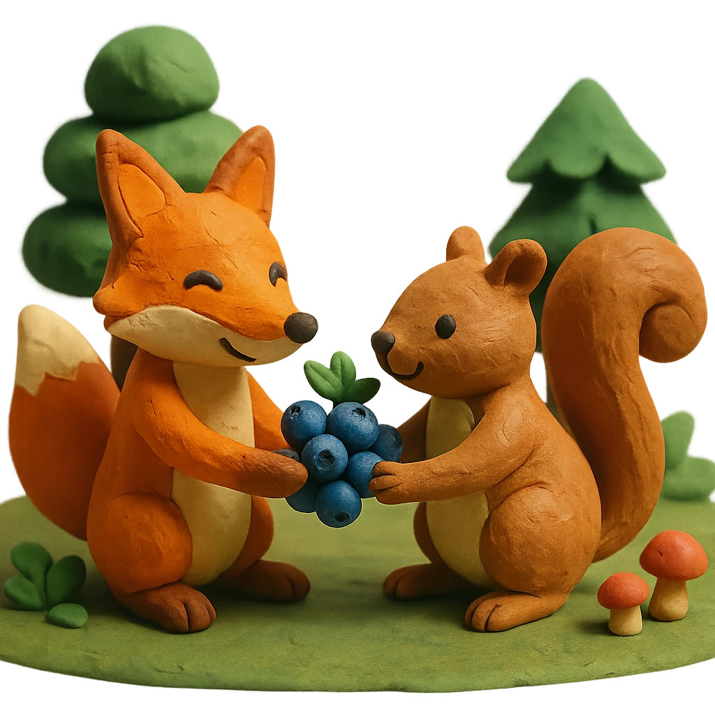 a fox and squirrel sharing berries, forest friendship scene emoji