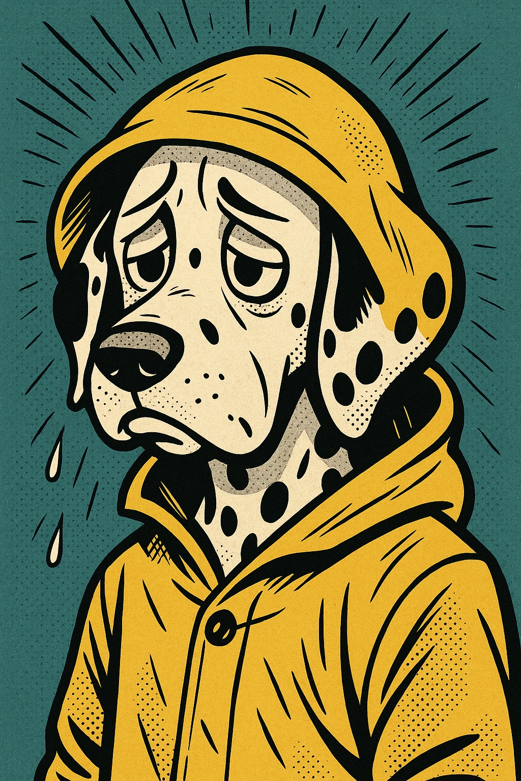 dalmatian in a yellow rain jacket, looking sad, 2D, thick black lines, comic book style emoji