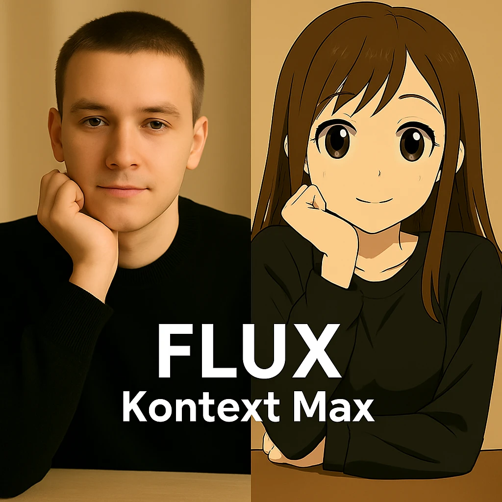 same similar image but chnage the text to "Flux Kontext Max", change people and pose too emoji