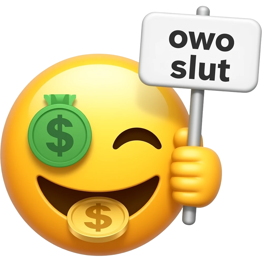 Yellow smiley with cash eyes & coins in mouthholding up a sign sign that says "owo slut". emoji