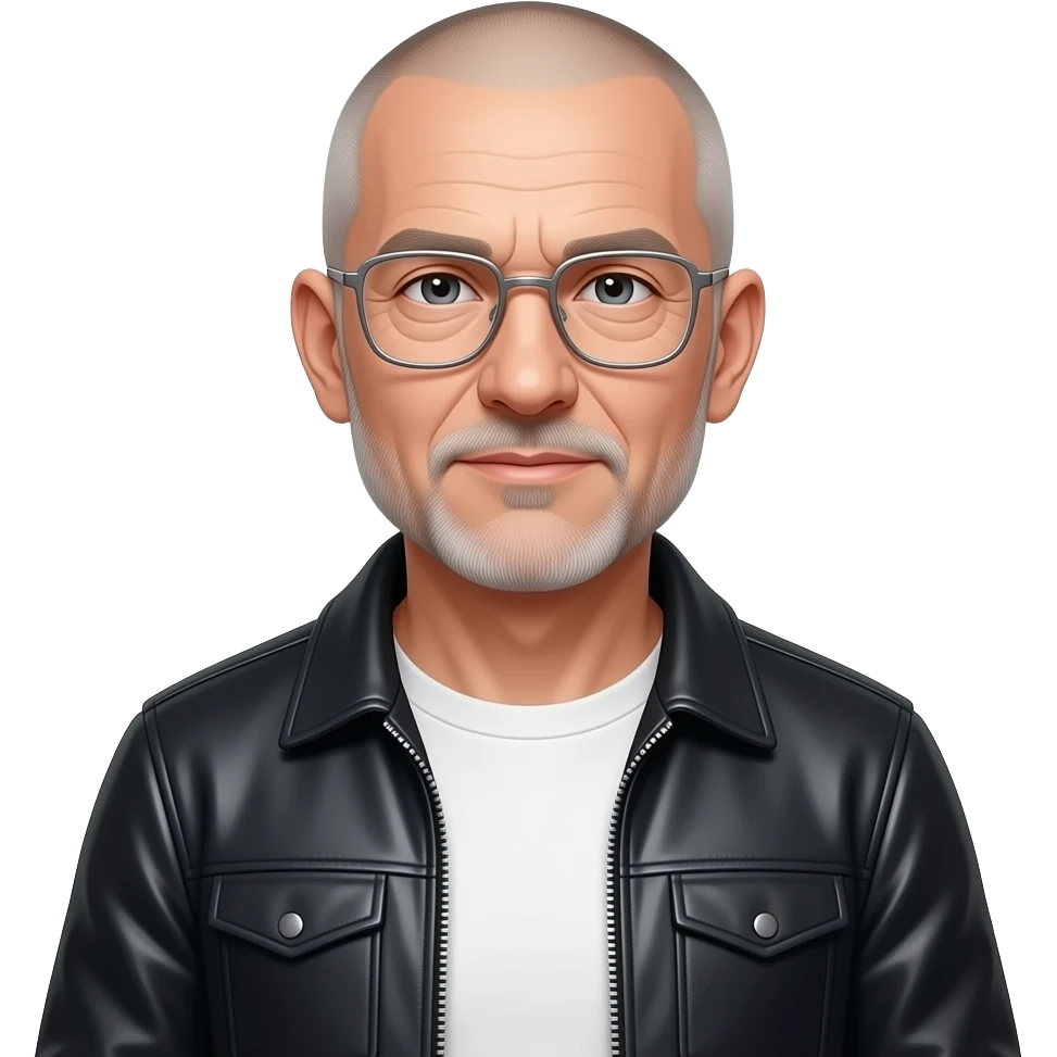 sad almost bald shaved short hair full-length photo of extreme streetwear clean-shaven face cool boy thin metal-framed glasses ery entellectual man, 65 years old, street wear stubble, shaved short with clippers emoji