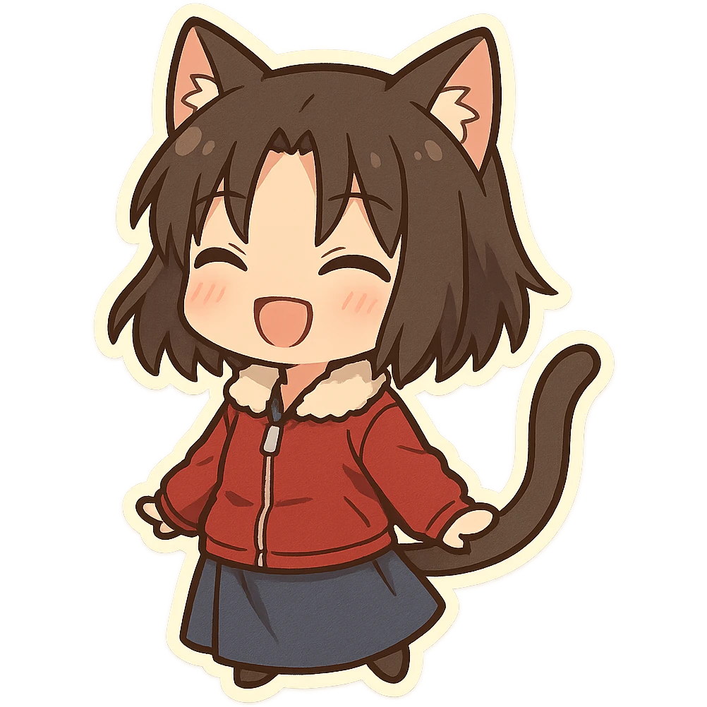 Ryougi Shiki as a chibi with cat ears and cat tail, smiling emoji