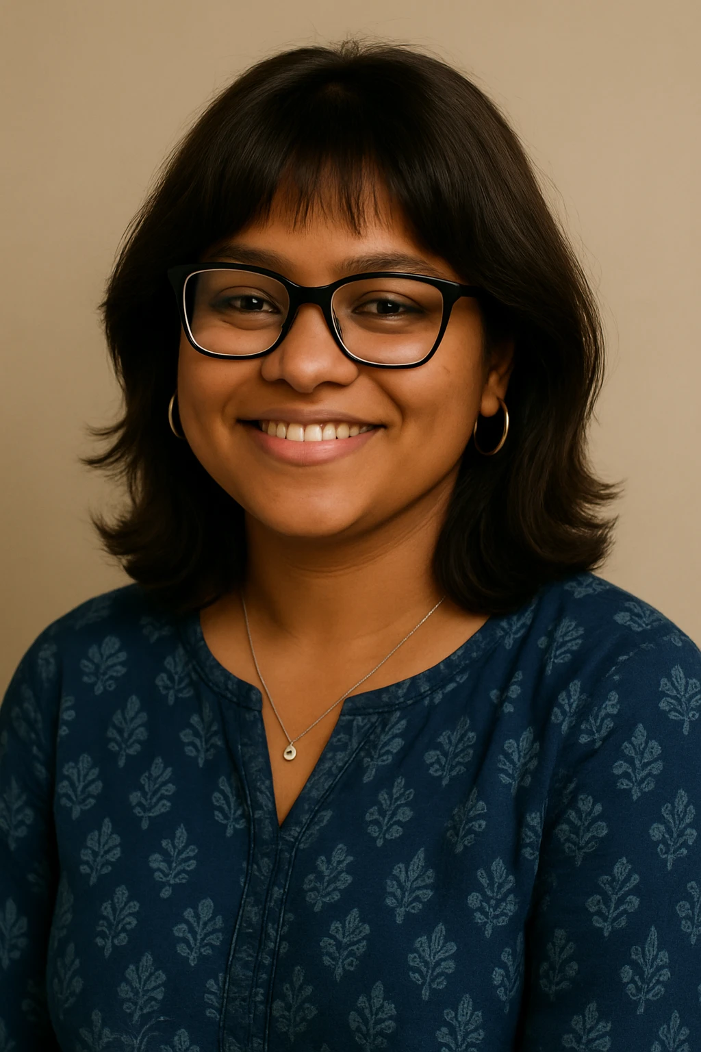 Keep the face and hair the same as the reference photo. Use realistic skin tone matching the reference. Add slight fringes on the top to slightly cover the forehead. Make the background soft beige. Change outfit to an indigo, handprinted kurti. Add bigger silver hoop earrings and a simple silver pendant around her neck. Keep the same smiling, casual expression and black bowline spectacles. emoji