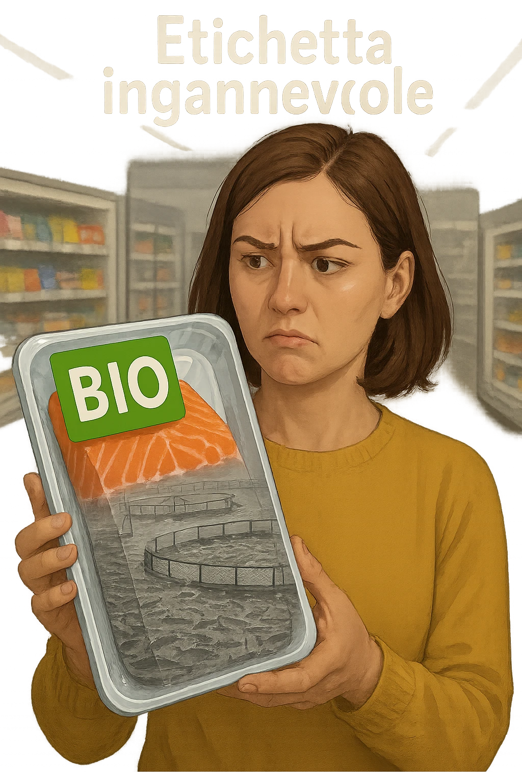Scena in un supermercato moderno: uomo o donna tiene in mano una confezione di salmone etichettata 'BIO', con un grande bollino verde. Ma in trasparenza, dietro l’etichetta, si intravede un allevamento intensivo di salmoni in gabbie marine, acqua torbida e pesci ammassati. Espressione del cliente confusa e sospettosa. Sopra la testa, testo simbolico fluttuante: 'Etichetta ingannevole'. Colori contrastanti: confezione brillante ma realtà di fondo grigia e artificiale. Stile realistico con elementi simbolici forti realistico emoji