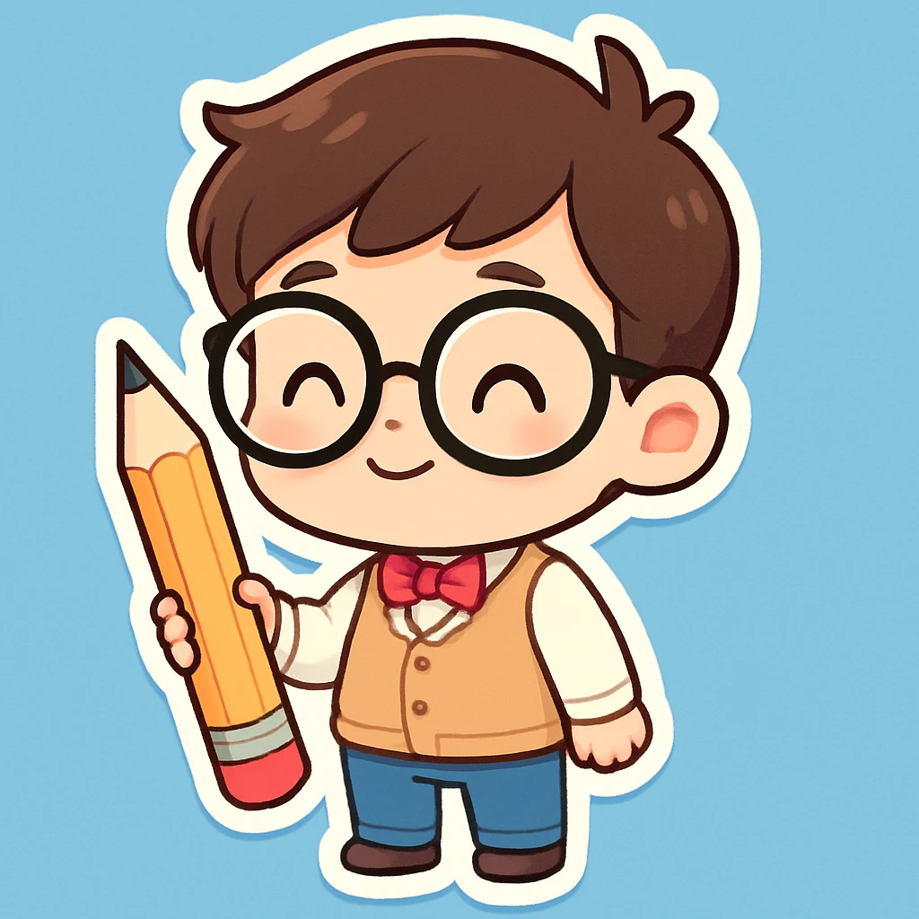 cute nerd with oversized glasses, holding a pencil, blue background emoji