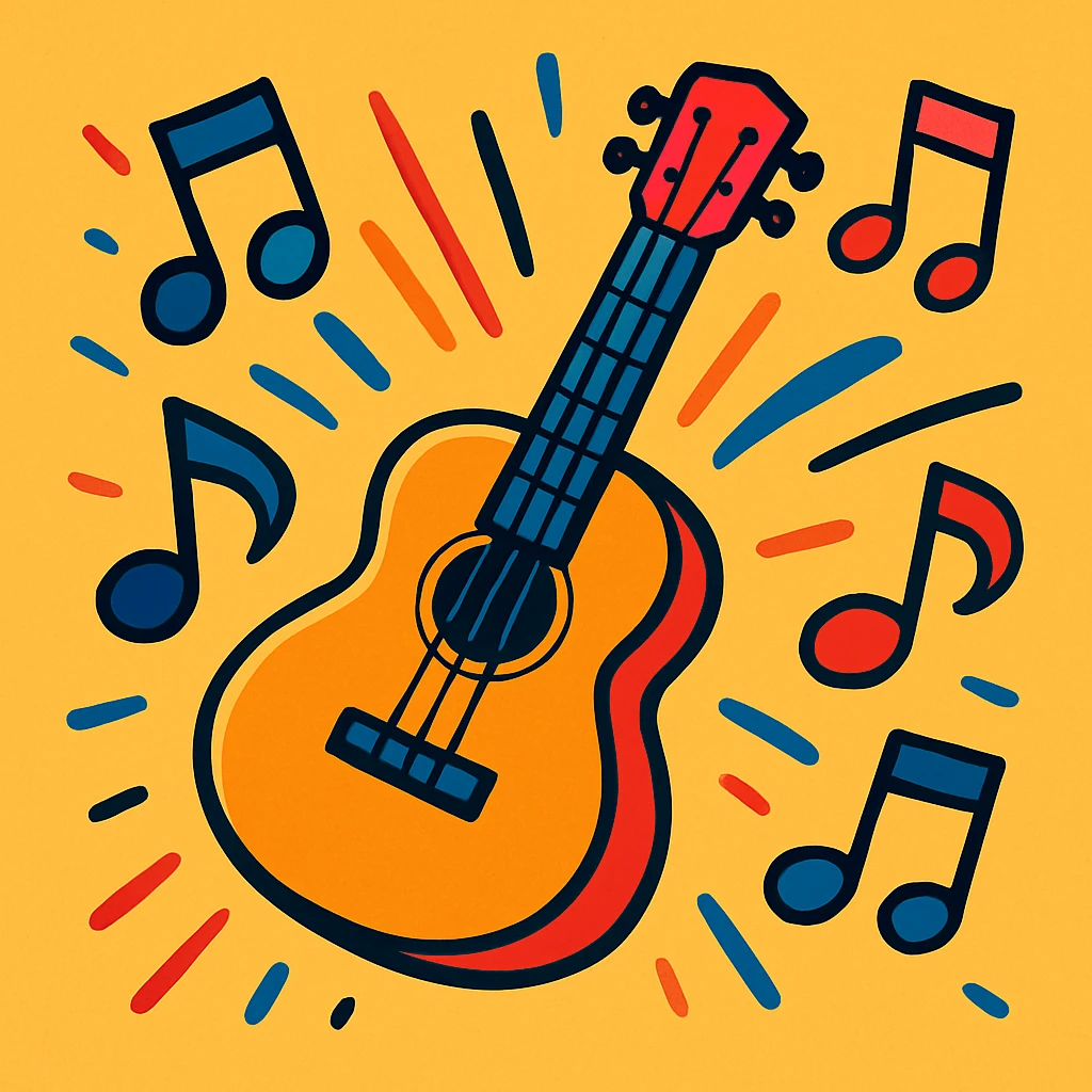 guitar surrounded by musical notes, playful and energetic style emoji