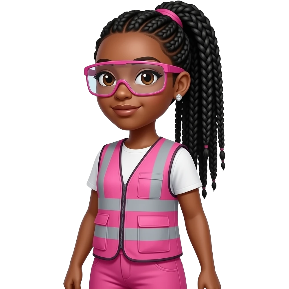 African American women with brown eyes with long black box braids in a ponytail wearing diamond earrings wearing pink and clear safety glasses wearing a pink construction vest wearing pink pants emoji