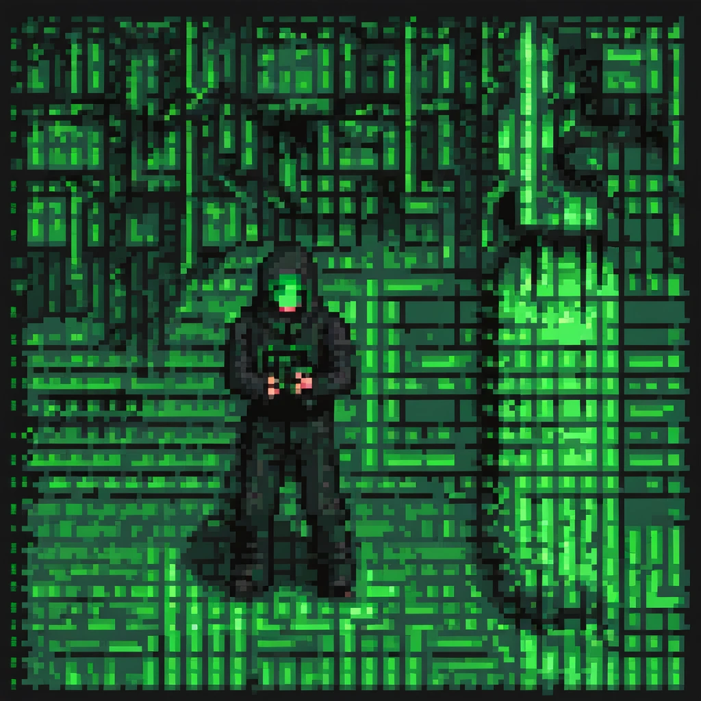 Neo from the Matrix dodging bullets, pixel art style, green Matrix code in background emoji