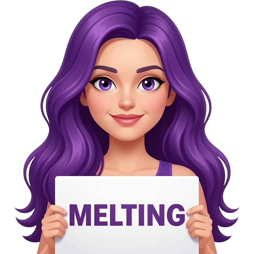 sexy girl with long purple hair and purple eyes holding a MELTING sign emoji