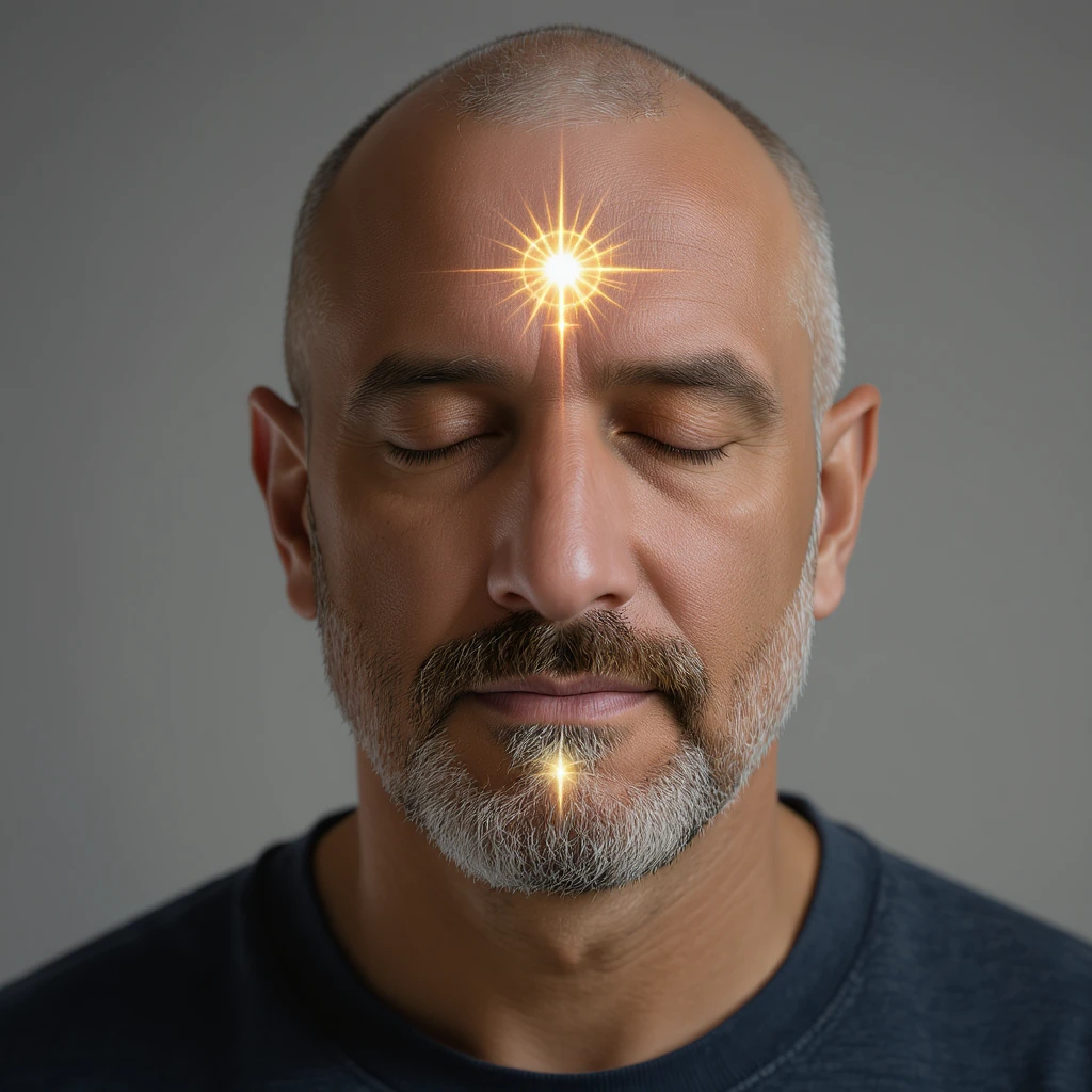 Vertical portrait, only the man's face, realistic style: meditative expression, symbols of energy radiating from the face, atmosphere of deep regeneration during fasting. emoji
