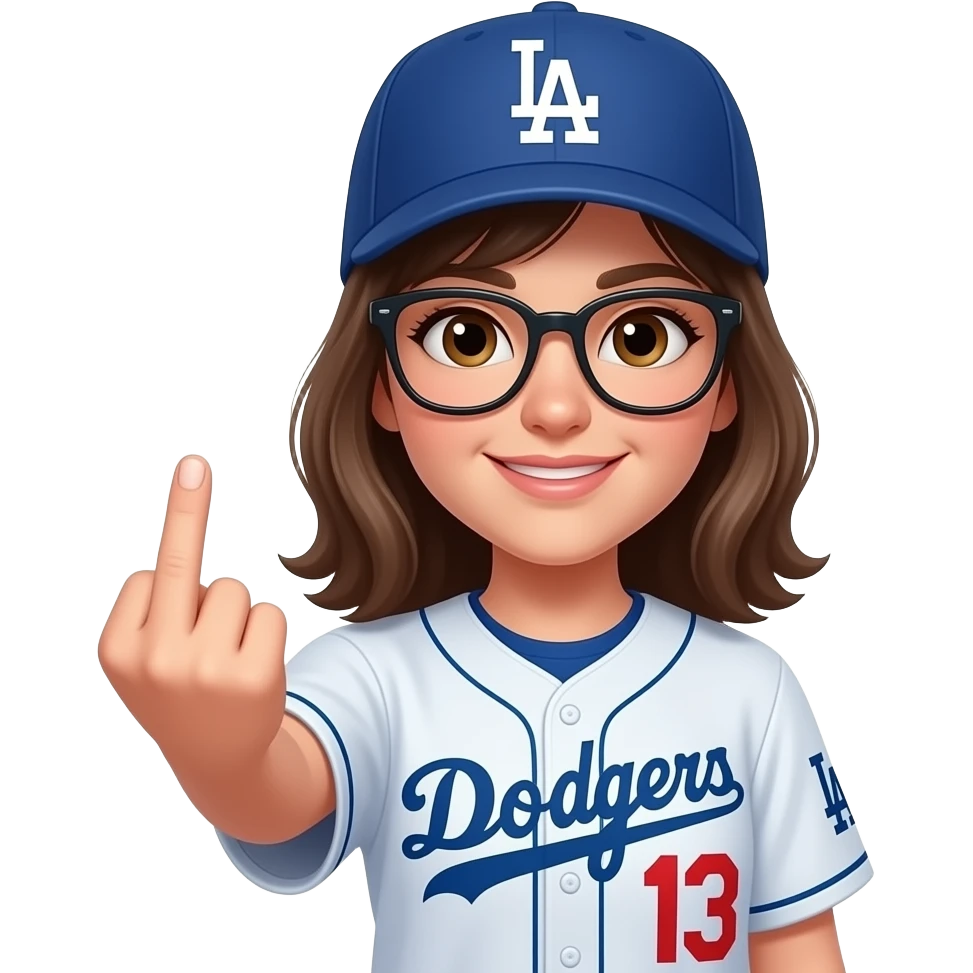Girl with glasses with brown eyes wearing dodgers sticking middle finger emoji