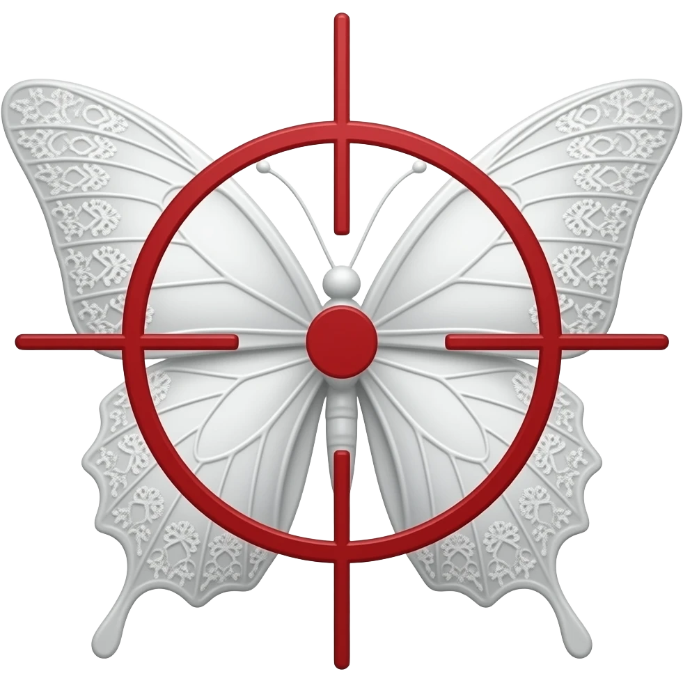 subtle elegant white butterfly, 3D emoji gothic butterfly, white velvet, white filigree, white lace trim, large red sniper crosshair overlay emoji