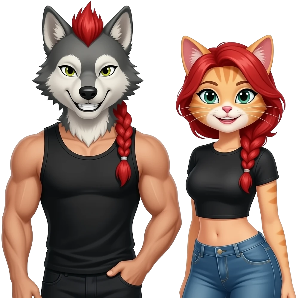 Human like Wolf and Cat grining slyly. Wolf wears a black tank-top and the female wears a tight t shirt that acentuates her voluptous figure. Wolf is an athletic male, cat is a voluptuous female. Wolf has a long red braid and a mohawk, while the female cat has red hair braided in two. emoji