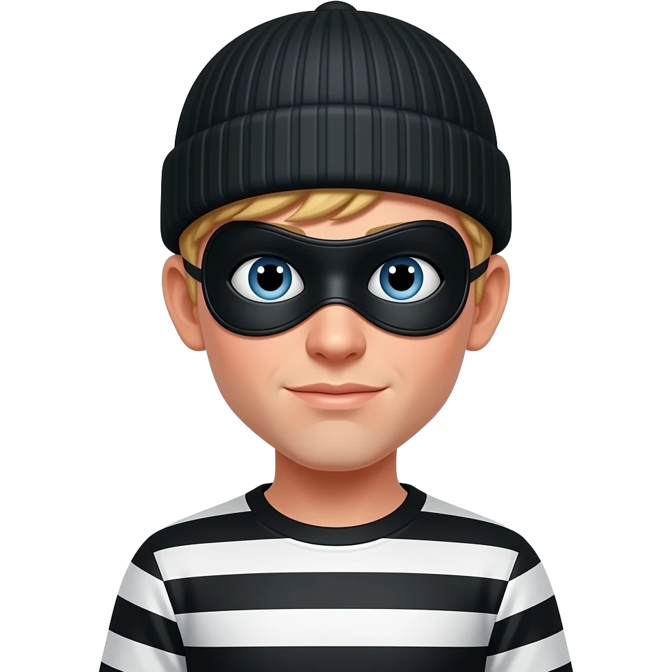 A robber with black and white striped clothing with a fair skin tone and a black eye mask with holes cutout and blonde hair and a beanie emoji