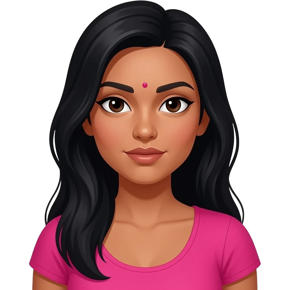 Wearing hot pink with long hair and a dot on the foreheadAn indain baddie with black skin and VERY VERY VERY SKINNY SLIM CHINESE eyes emoji