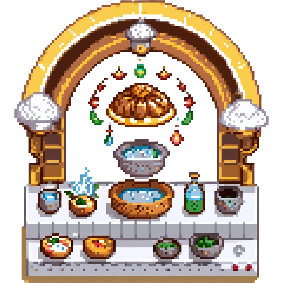 A divine baker surrounded by floating utensils, radiant ingredients, and a halo of light. The oven levitates, powered by pure energy. UI resembles clouds, golden rays, and ethereal scrolls—like a heavenly recipe interface. emoji