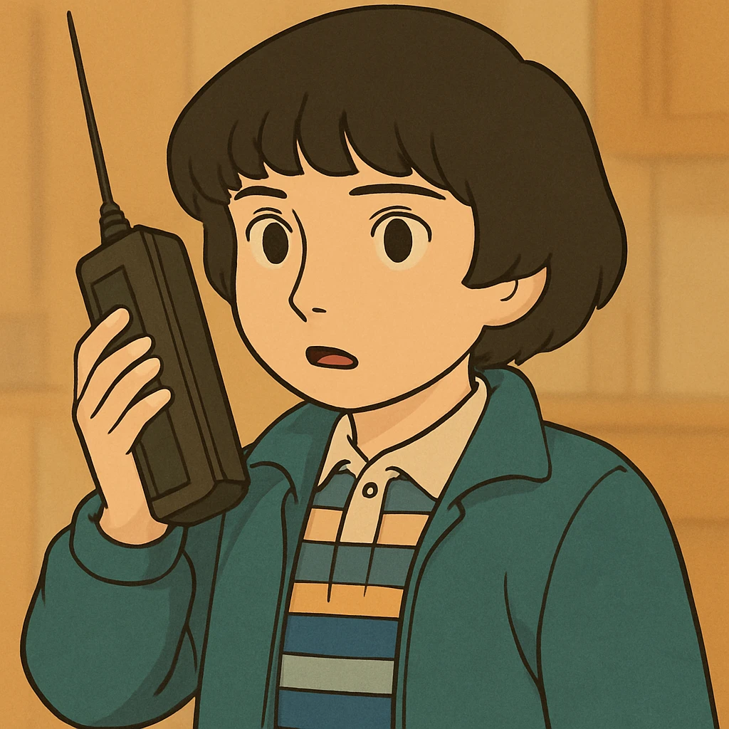 Mike Wheeler with a well-defined bowl haircut, wearing iconic first season clothes (blue striped shirt and jacket), simple and delicate line art, colored in pastel tones, with thick and dark outlines, in Ghibli style, 1:1 format. emoji