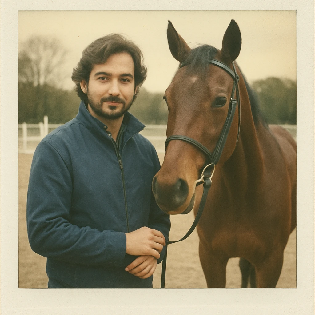 Transform the person in the image into a polaroid-style photo. The person is standing next to a horse on a horse course, wearing a blue jacket. The image should have a classic polaroid white frame and a slightly vintage, faded photo effect. emoji