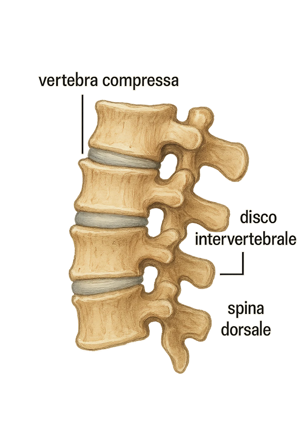realistic anatomical illustration focusing exclusively on compressed vertebrae, lateral view, no background, anatomical details, captions in Italian, aspect ratio 2:3 emoji