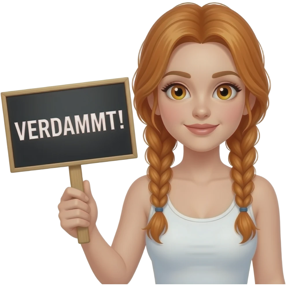 sexy girl with long ginger braids and ginger eyes wearing a white tanktop is holding a black sign with VERDAMMT! written on it emoji