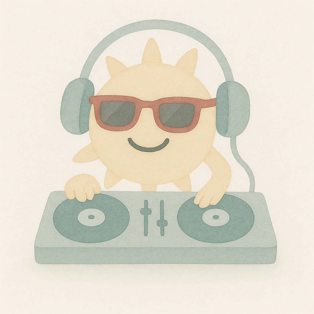 Add headphones to the sun DJ in watercolor art style. emoji