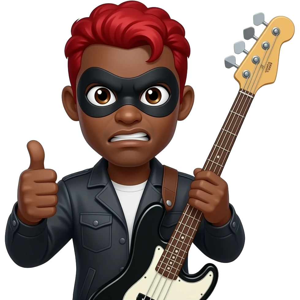 give me a black-skinned guy emoji who's showing with his thumb that everything fine, also on the other hand he holds a jumbo instrument he should have red hair, his eyes should be small and wide his mouth should be mad and his eyes should be really small. on his head he should have the robber mask emoji