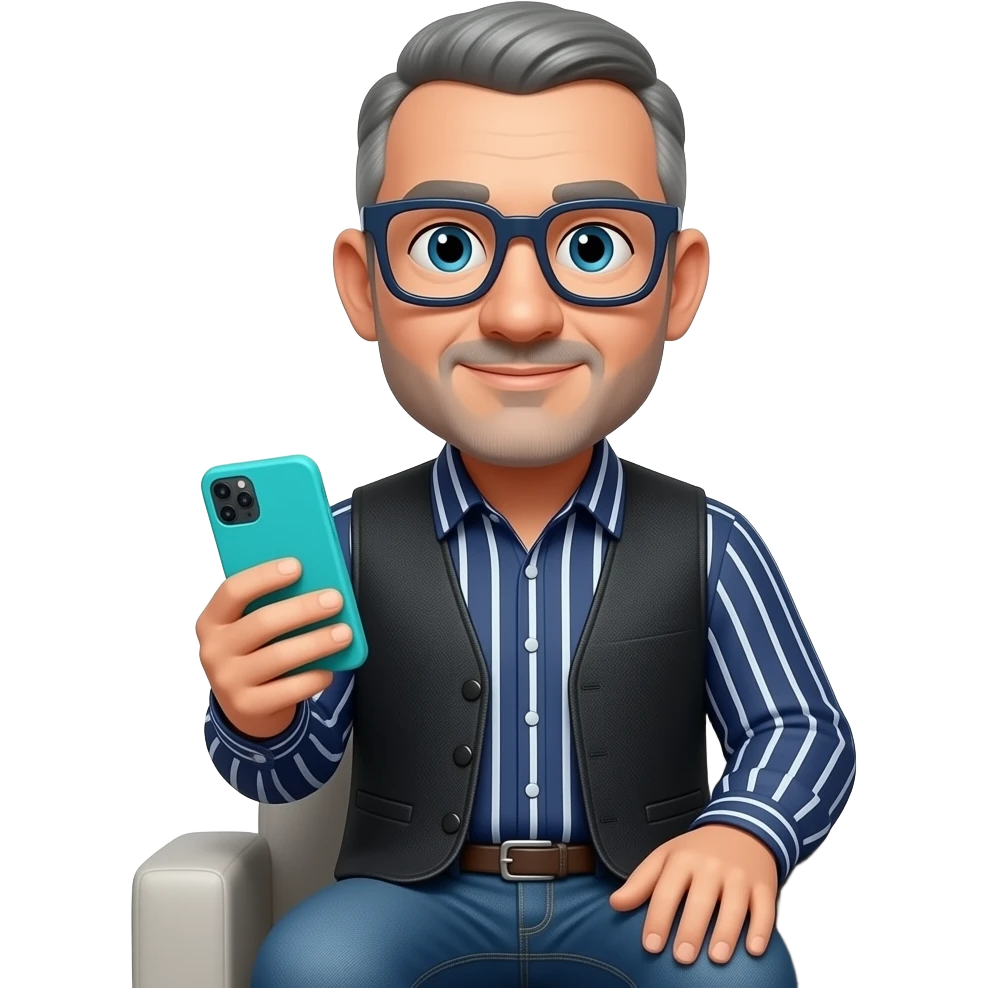 Señor sentado orejas grandes gafas cuadradas azul oscuras nariz grande y un poco de barba gris y poquísimo pelo canoso Está con un teléfono móvil de funda turquesa y una camisa azul marino con líneas blancas verticales y horizontales que se cruzan encima un chaleco de tela negro y vaqueros azules. emoji