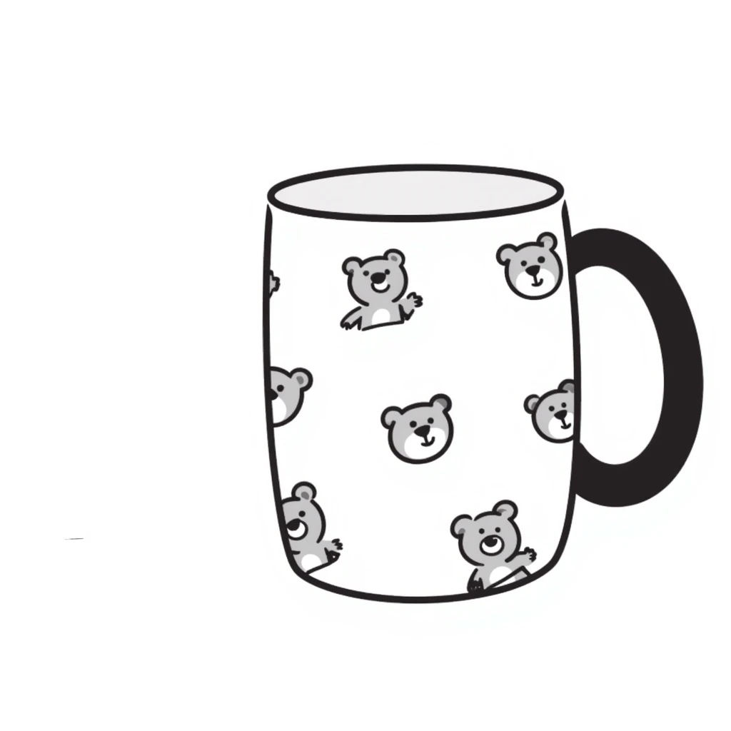 white mug with a teddy bear pattern emoji