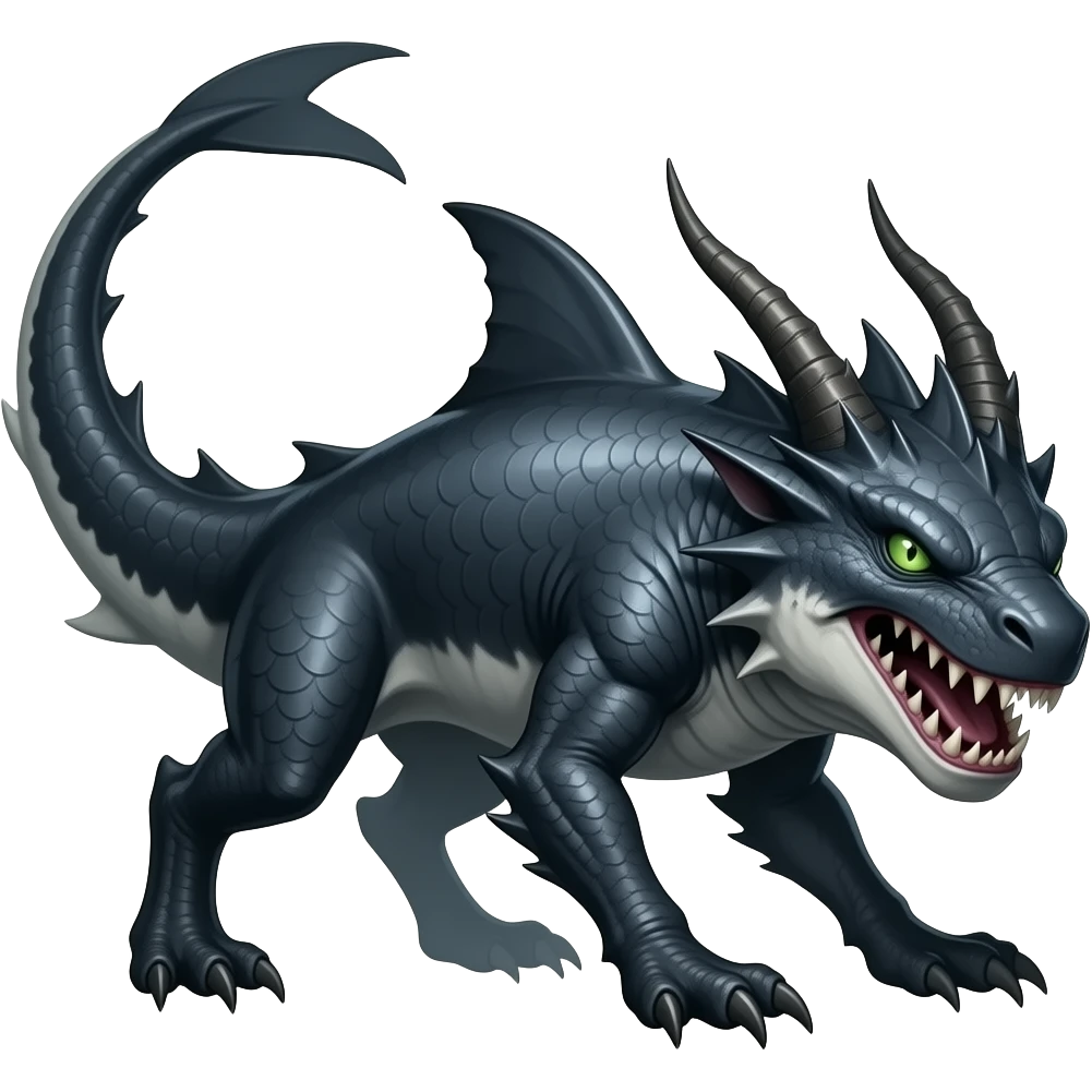 4-legged gothic ruff rough digitigrade dark badass edgy dragon-carvanha-sharpedo-Shark-Night-Fury-orca-hybrid-fusion-creature, with a long shark tail behind, full body emoji