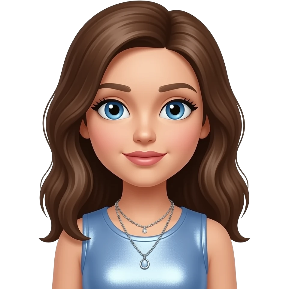 Koby from Bratz with blue eyes, brown hair, periwinkle metallic sleeveless shirt, silver necklace emoji