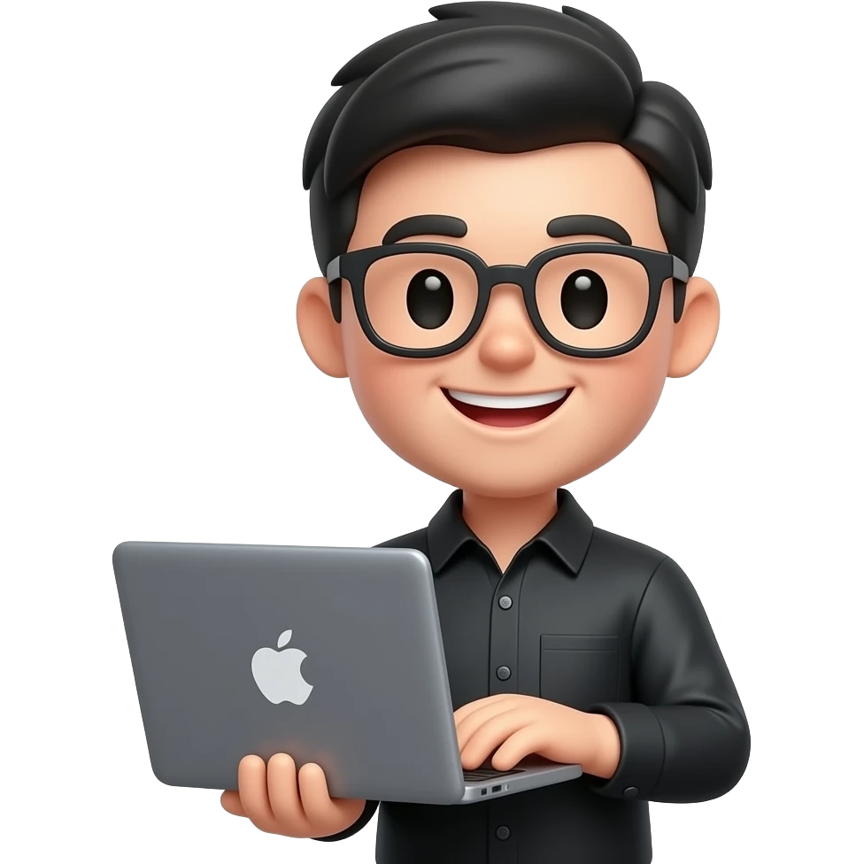 3D Apple Memoji style character, same pose as reference (using laptop), black shirt, face based on second image (black hair, glasses, friendly smile), clean background, soft lighting, high detail, centered composition. emoji