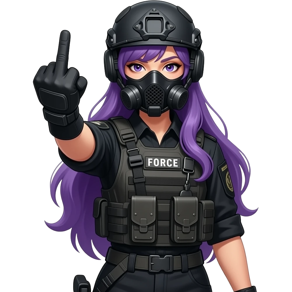 sexy girl with long purple hair wears a SPECIAL TACTICS FORCE medical OUTFIT BLACK FATIGUE AND COMBAT BOOTS PLATE with a helmet and a mask shows her middle fingers emoji