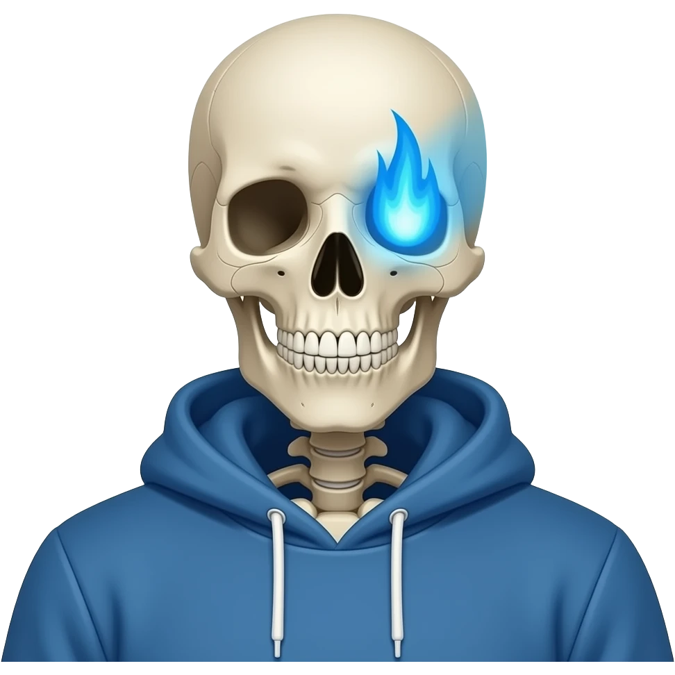 sans the skeleton with blue jacket it looks like a sweatshirt and glowing blue fire in the midlle of his right eye and its a bit smaller and going to the top right corner emoji