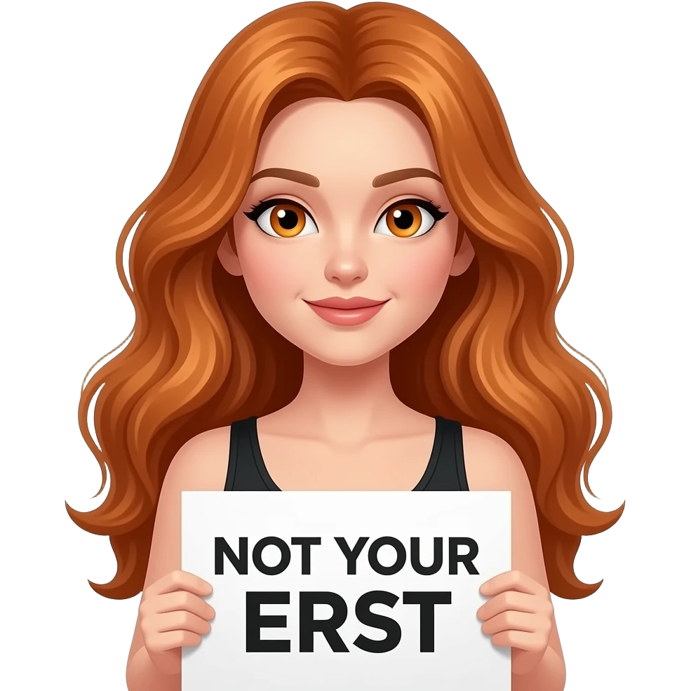 sexy girl with long wavy ginger hair and ginger eyes wearing a black tanktop is holding a white colored sign with NOT YOUR ERNST written on it emoji