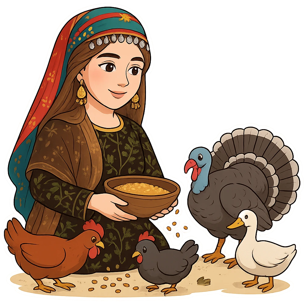 Kurdish cartoon sticker of the same woman in the new dress, feeding chickens, rooster, turkey, or duck, holding a bowl of grain, surrounded by birds, no text, transparent background emoji