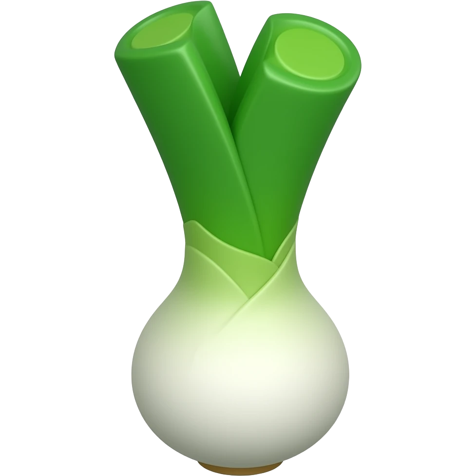 A 3D isometric emoji of a single Korean green onion (daepa). It has a thick white stalk at the bottom and two vibrant green leaves at the top. Glossy and smooth texture, soft lighting, Apple emoji style, high resolution, isolated on a plain white background. more realistic emoji