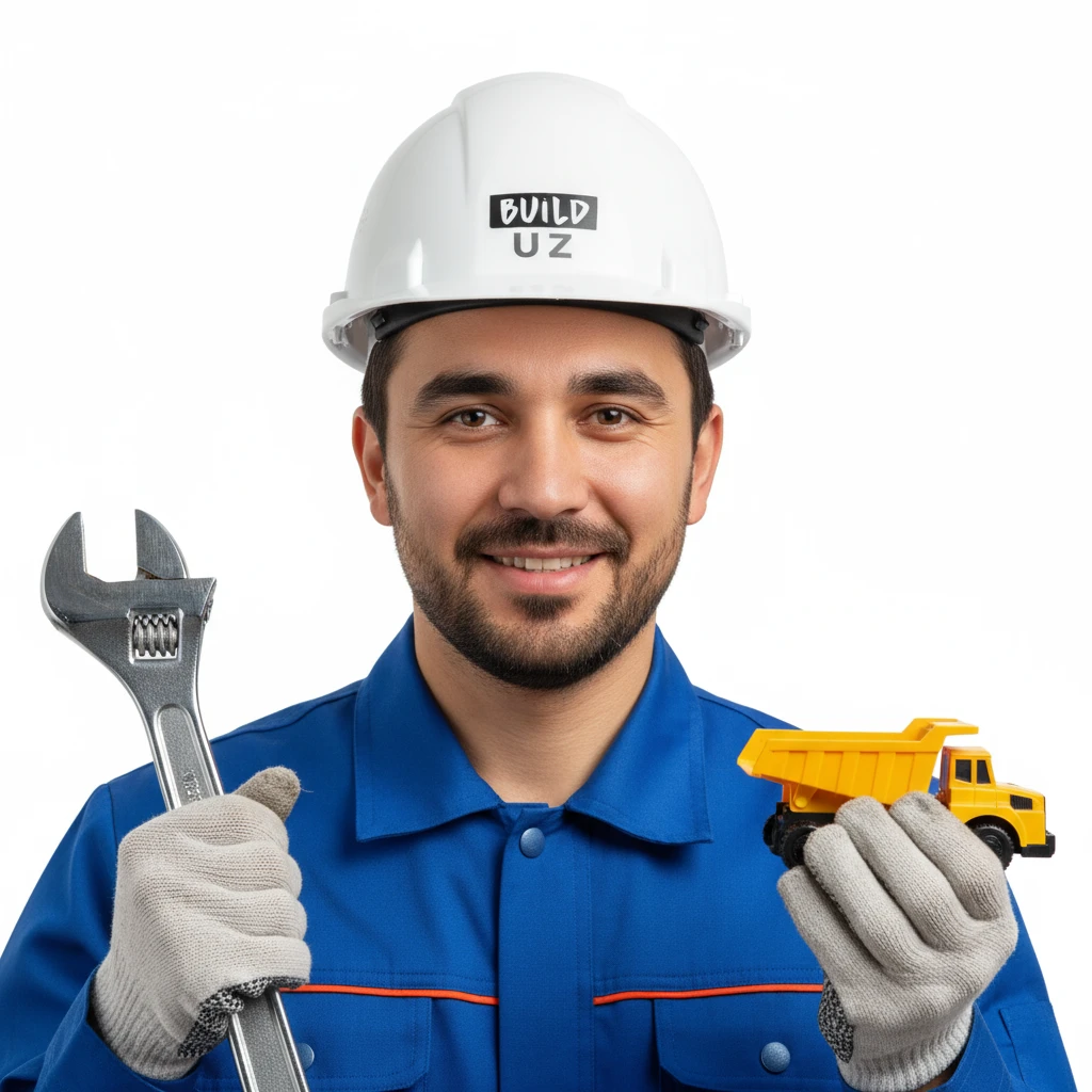 нарисуй узбека в строительной каске с ключом гаечным в одной руке и машинкой игрушечной в другой руке, без фона emoji
